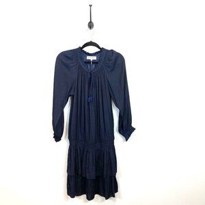 Hale Bob Dress Tara Navy Blue Smocked Rufled Satin Dress - Size Small Tassels